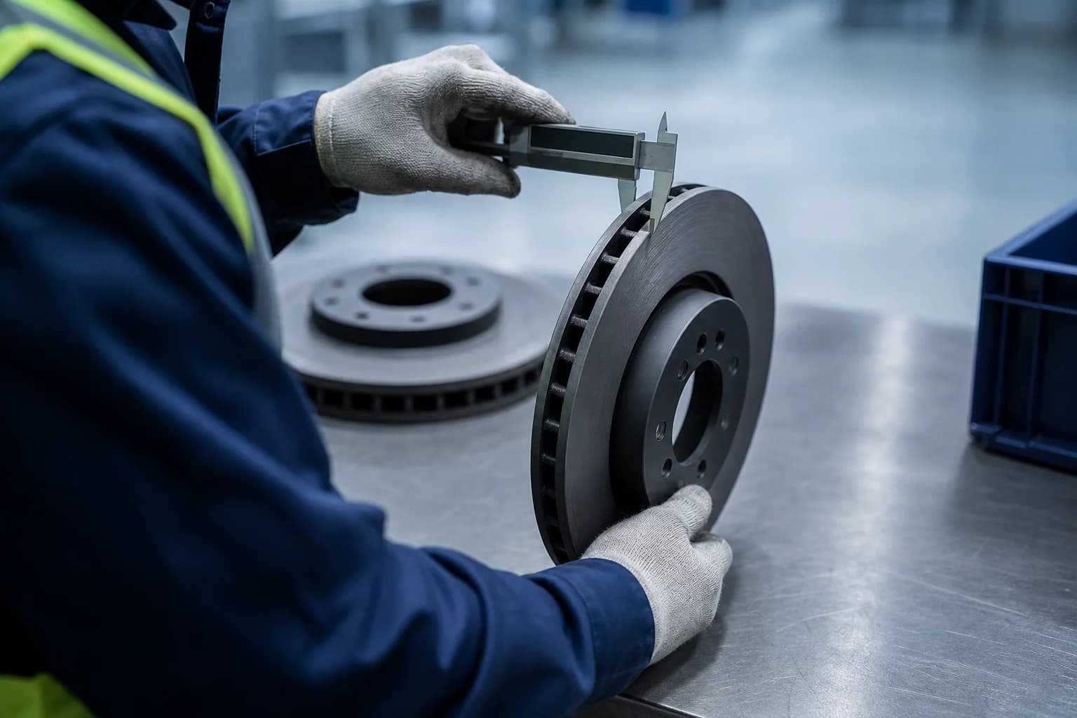 Quality inspector measuring a brake disc with a digital caliper