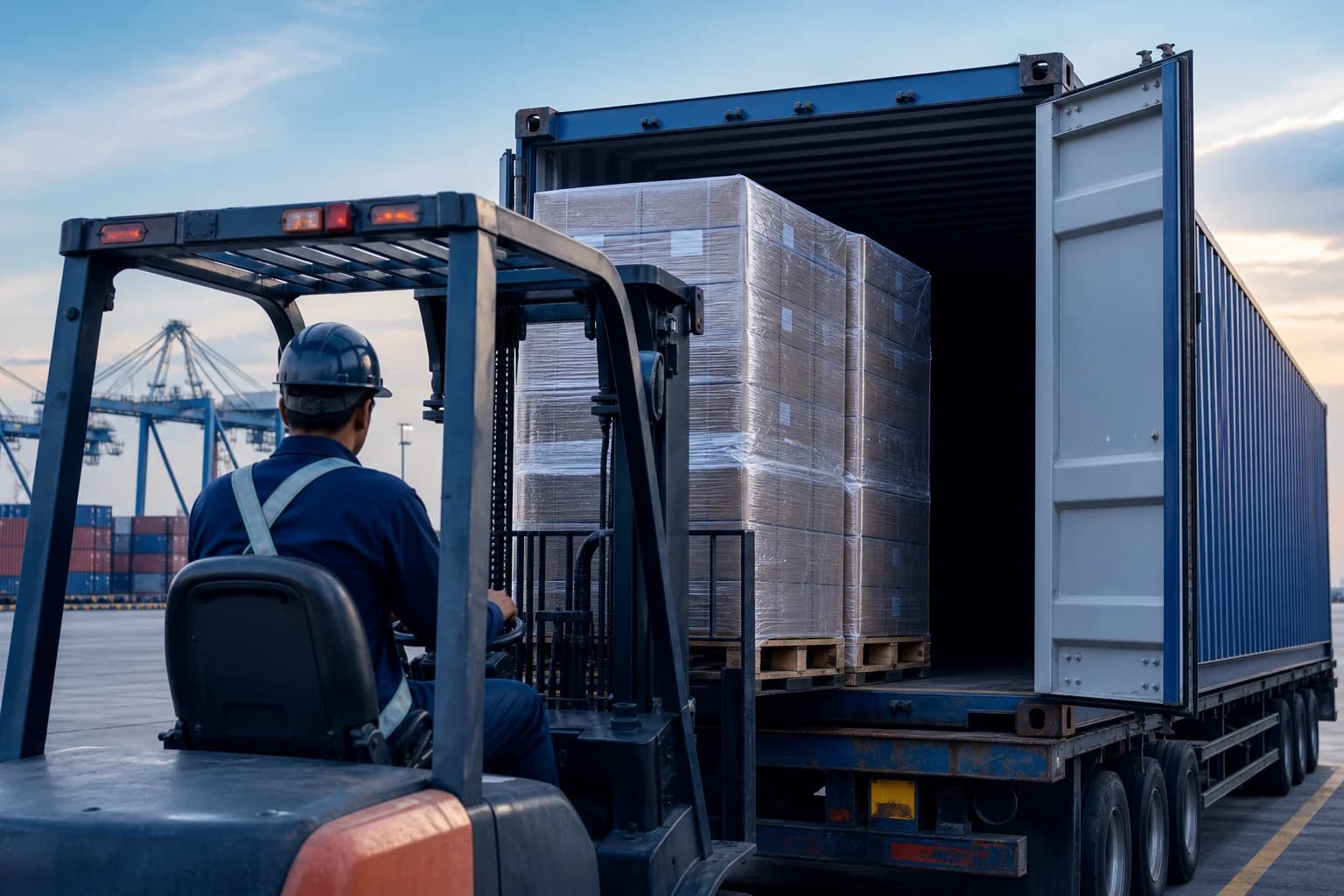 Shrink-wrapped pallets of auto parts loaded into a 40 ft container at a Mexican port