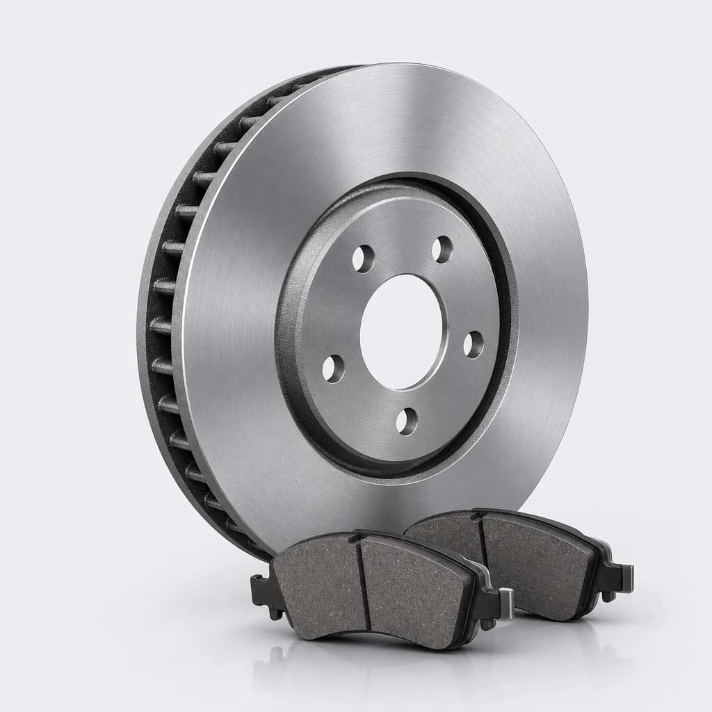 Ventilated cast-iron brake disc with a pair of brake pads